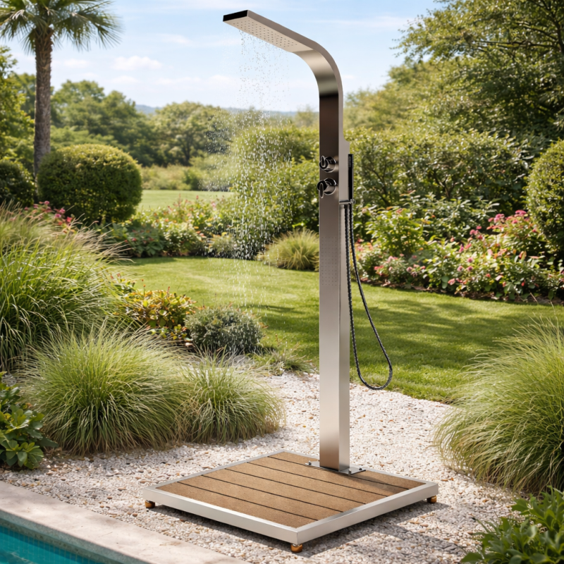 Gartendusche HELENA, Typ MISCHBATTERIE - Edelstahl V2A mit WPC-Bodenplatte